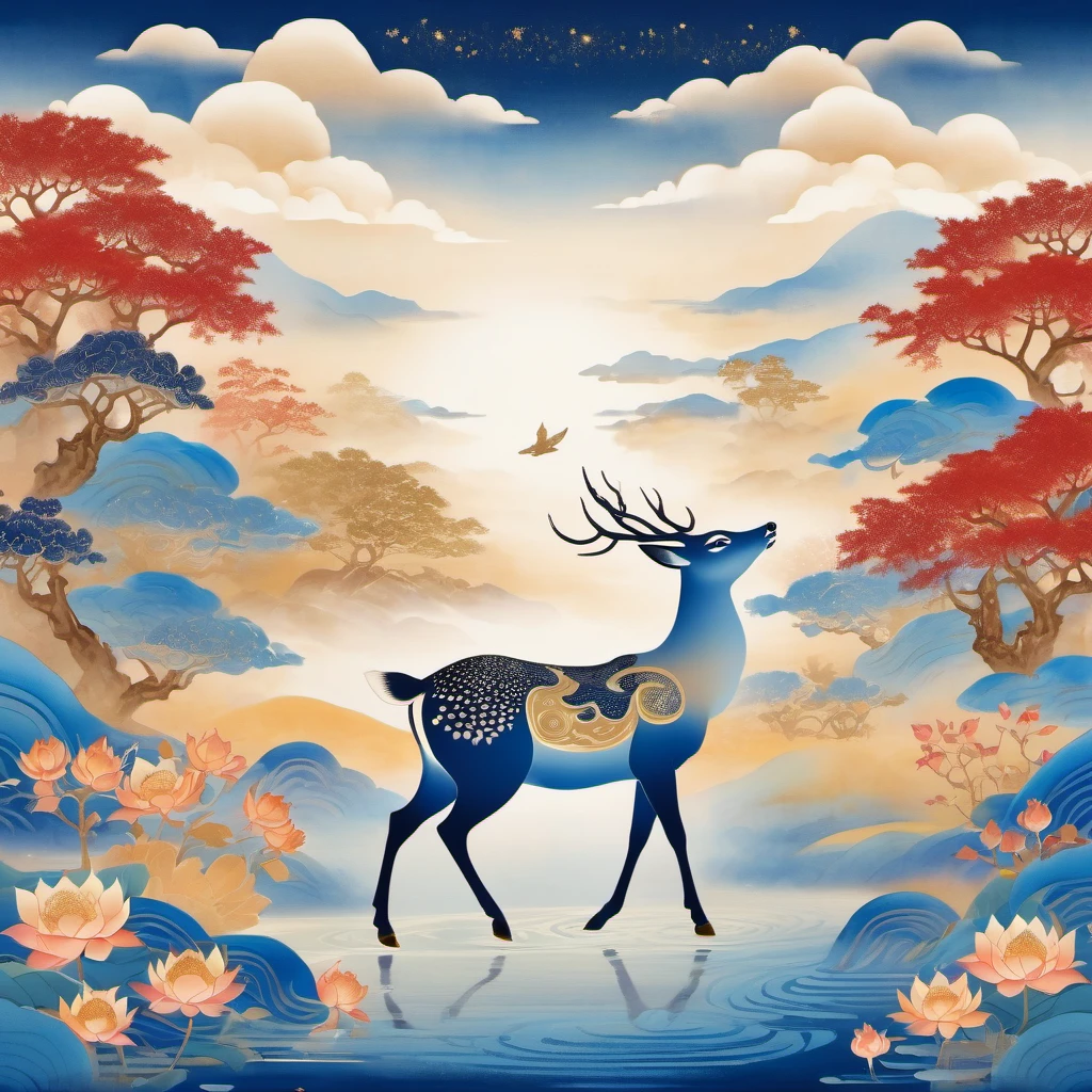 Dunhuang art style illustration,a magnificent nine-colored deer surrounded by auspicious clouds ,（The deer was shining with stars：1.36） Standing in the lotus pond ,extremely delicate brushstrokes, soft and smooth, China red and indigo, golden background