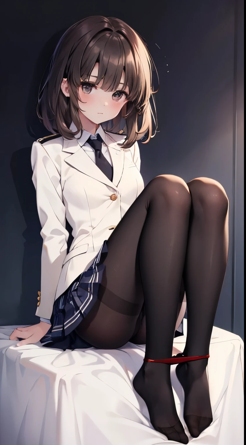 finest, masterpiece, High resolution, (Full body view from head to toe), Composition from slightly below the front, Symmetrical, 18 years old, slim and beautiful girl, alone, (small breasts), (not wearing shoes),Unkempt brown hair, bangs, (black tights), (black pantyhose), tied up with both arms hidden behind the back, , blush, shy big eyes, looking at camera, blazer uniform, plaid pleated skirt、Panties around ankles、Black knee-high socks