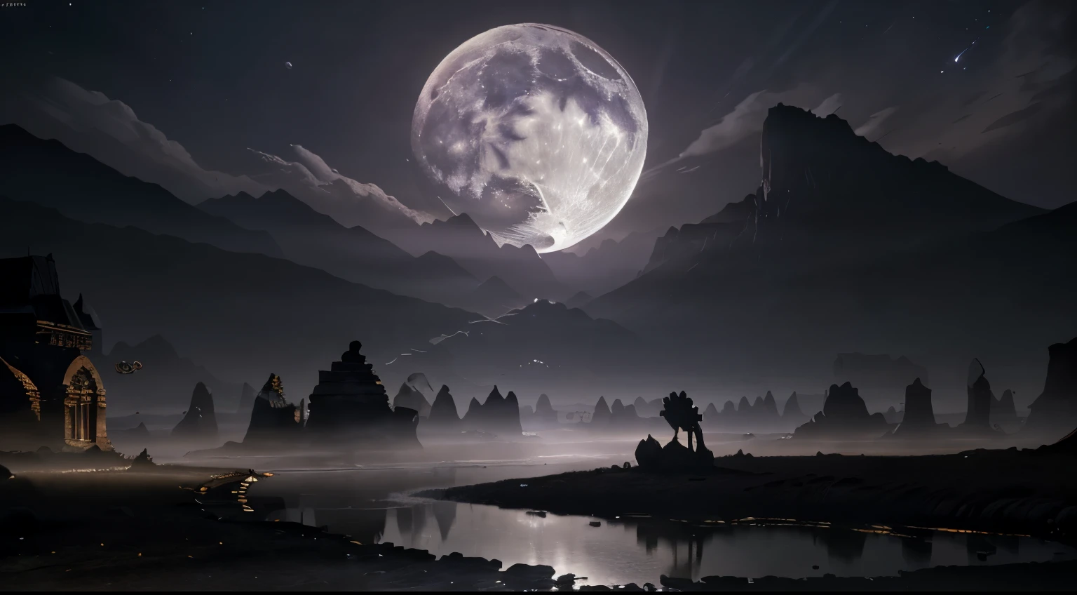 ancient relics, moonlight, a silhouette sits against the dying light, fragility beautifully, Epiccore, misty land, explicit detailed, soundtrack, fantasy, realistic rendering lights, shadowverse style, art wallpaper 8 k, 4k wallpaper, fantasy, detailed