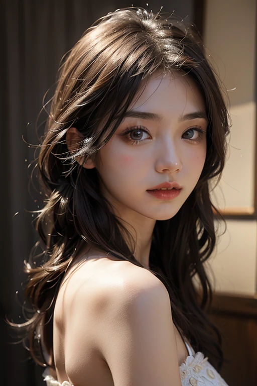 masterpiece、8K、32K、top-quality、(A detailed eye)、(A cute Japanese woman、bangss)、18years old、1 girl in、elegent、(Detailed background depiction)、look back、Cheerful, steampunk、clear、whole body、