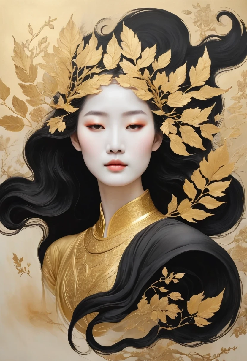 (gold leaf art:1.5)，A black and gold-rimmed giant hand fell from the sky, Dunhuang murals as background, minimalist, line art, From front and center to ghostly smoke, Transition from entity to ghost, Smart, powerful and calm, Rich in details, Psychedelic, fantastic, drama, Chinese ancient style, style, ink painting, fantasy, surreal, ethereal