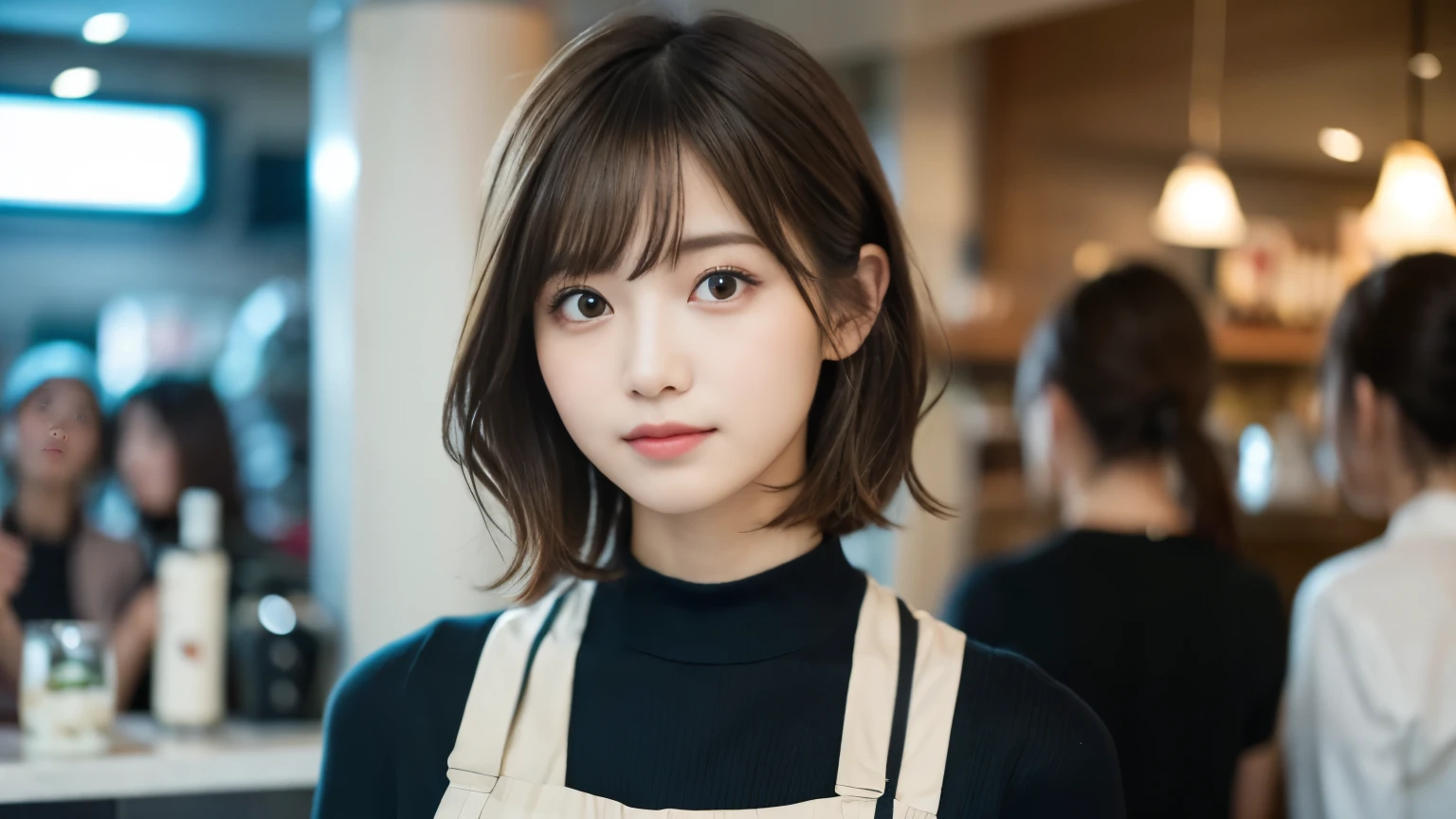 super high quality, Short Hair, Slender, Gravure photoshoot, The staff is working at the counter in the back., (8k、RAW Photos、highest quality、masterpiece:1.2), Japanese Idol, Shaggy, Sportswear, Stylish café, (Realistic、Photorealistic:1.37), Mesh Hair, Normal chest, Urban Cafe, Golden Ratio, Raw photo, Cute face , Light Brown Hair, Bright cafe interior, Blurred Background, Spring Clothes, A sweet expression, Watching the audience, Beautiful hairstyle, 20-year-old, Hair blowing in the wind, Neat clothes,