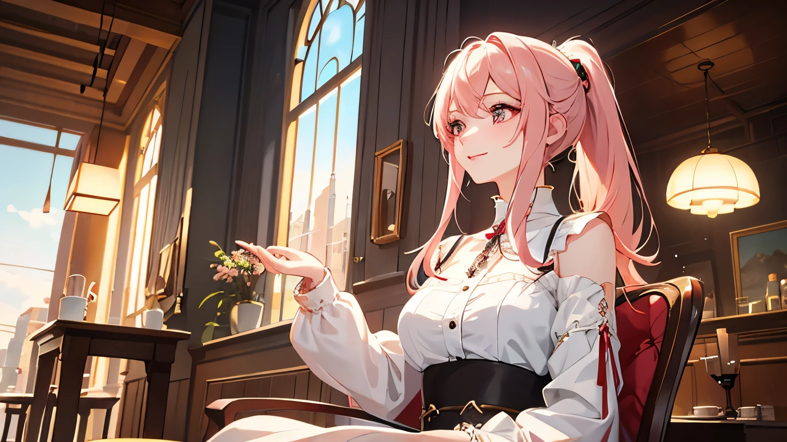 (simple hands: 0.5) + (Detailed hand: 0.7), (masterpiece), (highest quality), In white, red eye, 1 girl, Pale skin, In white, red eye, Pink Hair, ponytail,eyelash, handcuffs, jewelry, smile, Glowing Skin, Shiny Hair, Detailed and magnificent scenery, Fancy, Wide range, 1 girl, Pink Hair, Night Sky, Gazing at you、驚くほど精巧なCGイラストのmasterpiece, I felt better., beautiful I felt better. eye, beautiful detailed eye, eye, sparkling eye, Different colored eye, red eye, blue eye, Milky Way, nebula, (whole body), (curve),sit in a chair at a cafe restaurant,profile