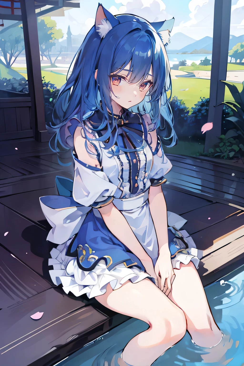 (masterpiece:1.2),ultra-detailed,realistic,expressive eyes,fair-skinned,perfectly shaped face,1girl,
Japanese cartoons,Gorgeous blue hair, flowing blue hair,floating clothes,cat ears,petals falling,beautiful Lola,Hina Angel,
hands on waist,gracefully sitting on the ground,legs crossed,gentle and serene background,cool and comfortable pavilion.