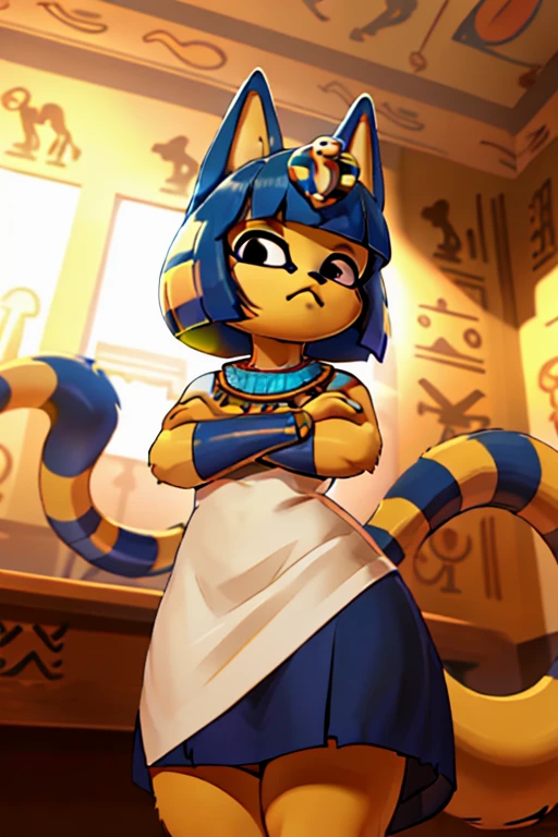 absurdres, highres, ultra detailed, ankha, solo, catgirl, , blue hair, hair ornament, yellow skin, black eyes, white dress, standing, legs apart, crossed arms, cowboy shot, from below, looking at viewer, indoors, hieroglyphics, egyptian