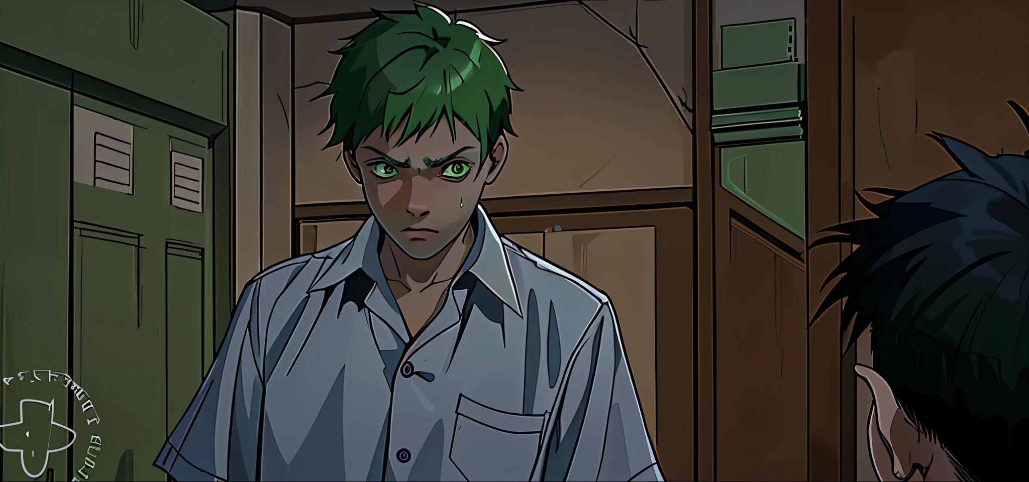 There is a 16-year-old boy with green hair, green eyes, intimidated with fear, he speaks nervously with his gaze downcast, he looks at the floor with sadness and fear.
