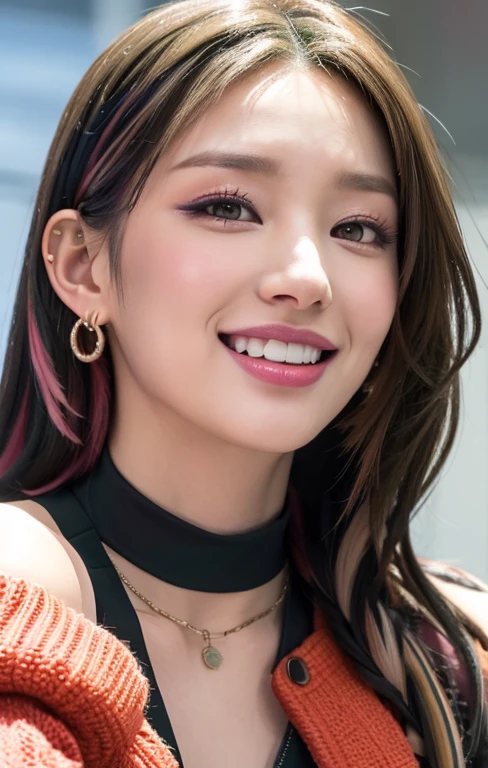 a close up of a realistic woman with multicolored hair (green and black streaked hair) and a joyful smile with showing teeth, inspired by Yanjun Cheng, kawaii realistic portrait, cute realistic woman with strawberry lips, rosy checks, smoky eyeshadow, winged eyeliner, Two-Tier Inverted  short-haired, curly hair,  hair between eyes, short choppy layers framing face,  korean realistic tomboy, 8k portrait render,with  a flashy gyaru-inspired high neck tight cropped top, off shoulder white and yellow jacket with black ribbons and detached sleeves, numerous piercings ,chocker, nailpolish, fingerless gloves, photo realistic style, hyper realistic style, realistic anime, (realistic woman) ,(ulzzang-6500:0.4)

