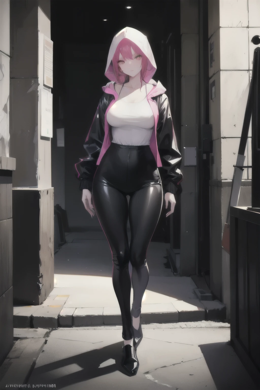 hips. She wears a closed black leather jumpsuit, whose shiny surface accentuates her shape. A windbreaker with a hood and a neon pink interior covers your shoulders. Walking down a busy street, she attracts glances from onlookers. This image exudes realism, capturing the essence of a fragile and embarrassed figure. Digital art, high definition and photorealistic technique