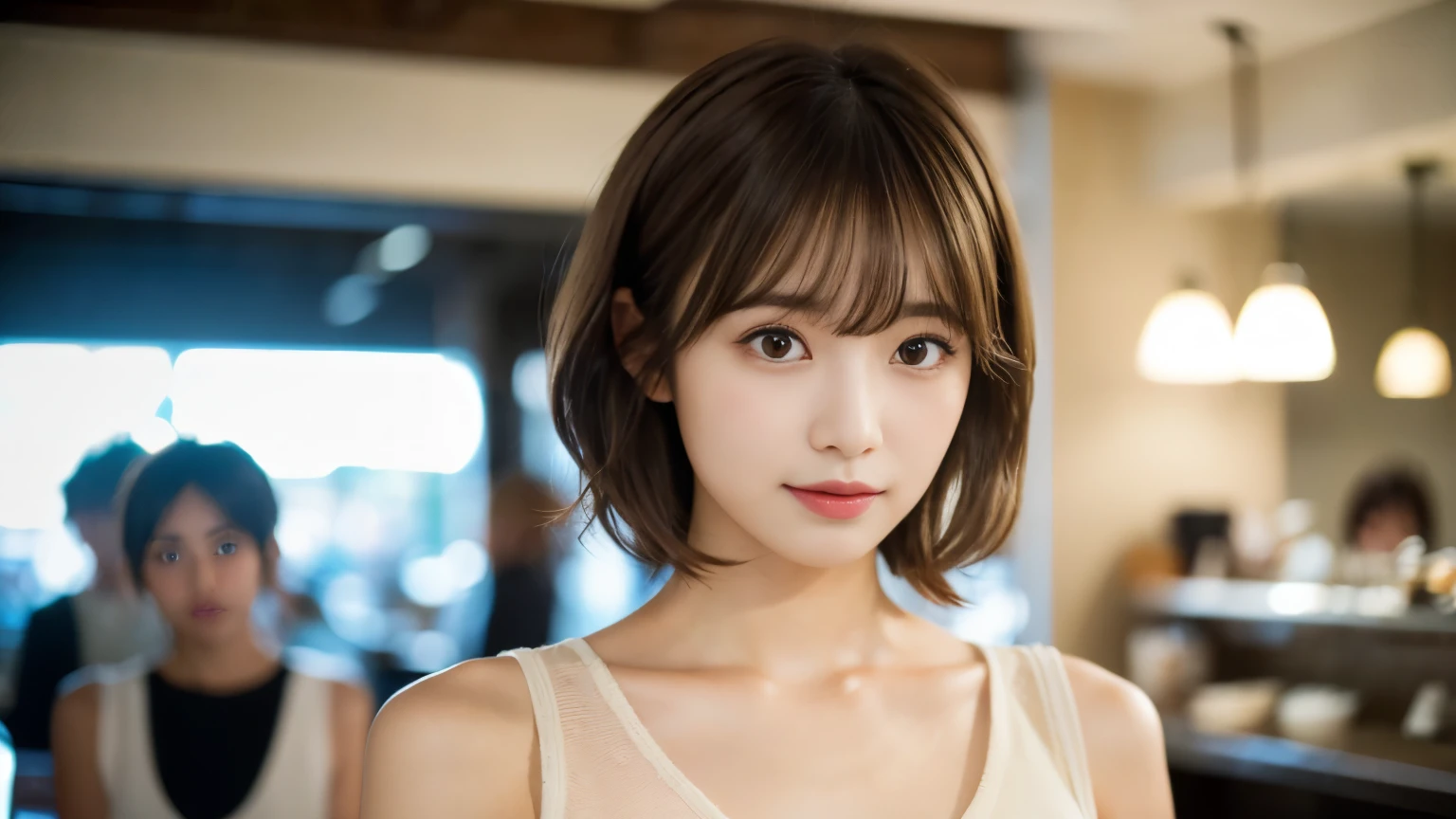 super high quality, Short Hair, Slender, Gravure photoshoot, The staff is working at the counter in the back., (8k、RAW Photos、highest quality、masterpiece:1.2), Japanese Idol, Shaggy, Sportswear, Stylish café, (Realistic、Photorealistic:1.37), Mesh Hair, Normal chest, Urban Cafe, Golden Ratio, Raw photo, Cute face , Light Brown Hair, Bright cafe interior, Blurred Background, Spring Clothes, A sweet expression, Watching the audience, Beautiful hairstyle, 20-year-old, Hair blowing in the wind, Neat clothes,