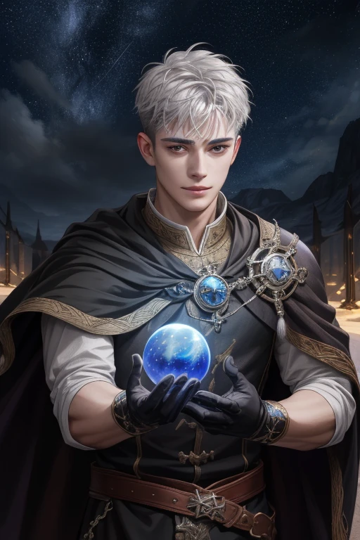 (Absurdres, Intricate Details, Masterpiece, Best Quality, High Resolution, 8k), 1 male, masculine, young, aged up, dreadful, finely detailed eyes and face, gray short back and sides hair, black eyes, portrait, looking at viewer, solo, (full body:0.6), detailed background, (RootsBranchesAI theme:1.1) glowing eyes, gentle smile, high fantasy, cleric, casting healing spell, hovering in air, night sky, color cape, gloves, magic sphere, divine spell, mana, night sky, star and night sky background, tiara of light hovering above head, , Depth of Field, VFX.