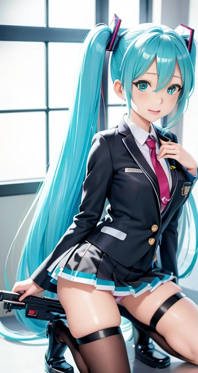 Hatsune Miku、Anime girl with long hair and a gun in her hand,Shimashima Pantiesがよく見える、Hatsune Miku、Squatting、spread legs、show panties,super mini skirt、Green and white Shimashima Panties、From miniskirt to c Kantai Collection style,Shimashima Panties、super mini skirt、 portrait anime space cadet girl, Best Anime 4K Kona-chan Wallpaper, terrible anime 8k, High-definition official artwork, Trending with Art Station Pixiv, perfect android girl, cyborg - girl with silver hair, anime style 4k, anime art wallpaper 8k, azur lane style