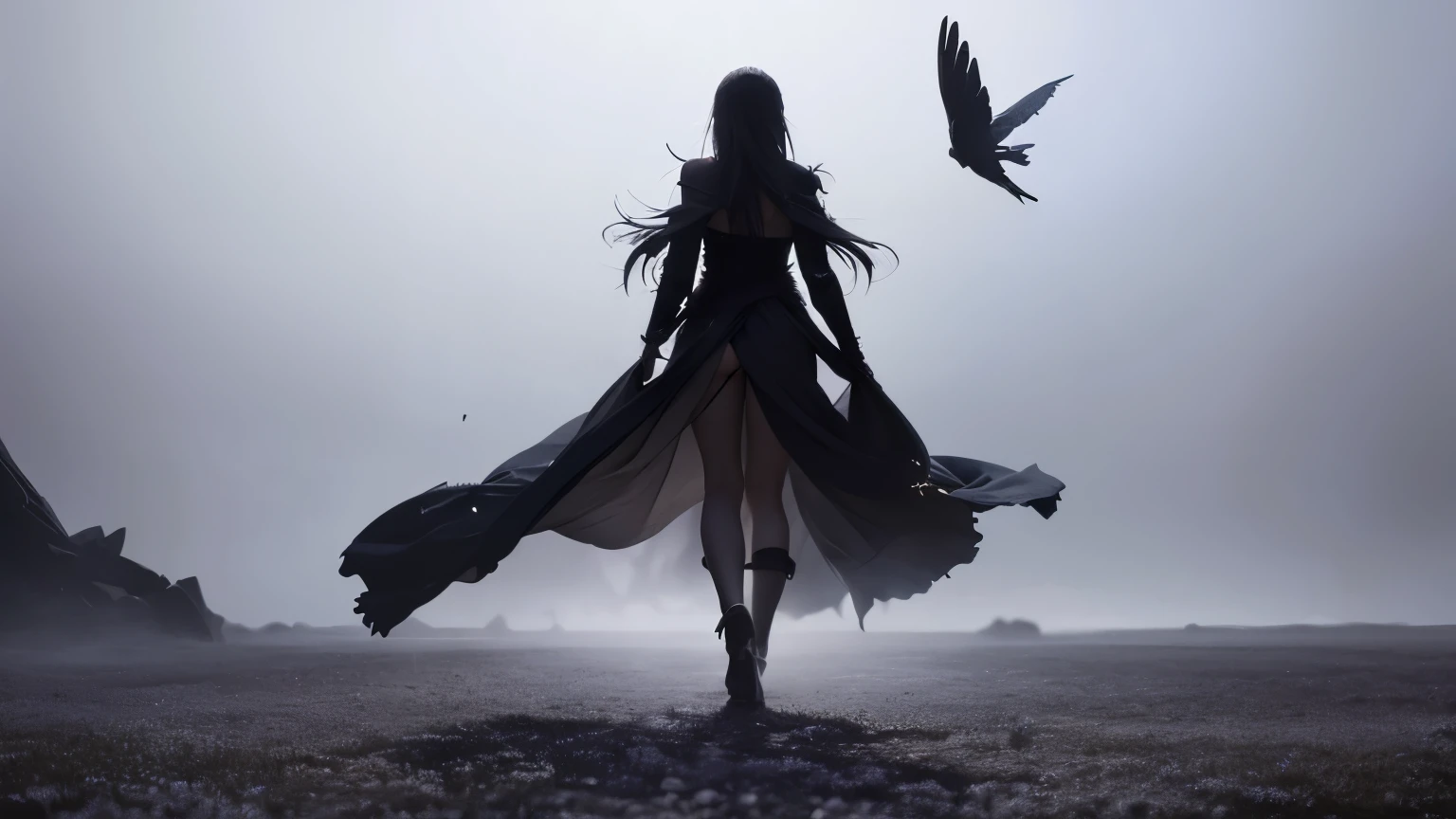 A solitary figure stands, flower plain, petals flying, echos of the eternity, Ode to the Forlorn, a silhouette against the dying light, fragility beautifully, Epiccore, misty land, explicit detailed, soundtrack, fantasy, realistic rendering lights, shadowverse style, art wallpaper 8 k, 4k wallpaper, fantasy, detailed