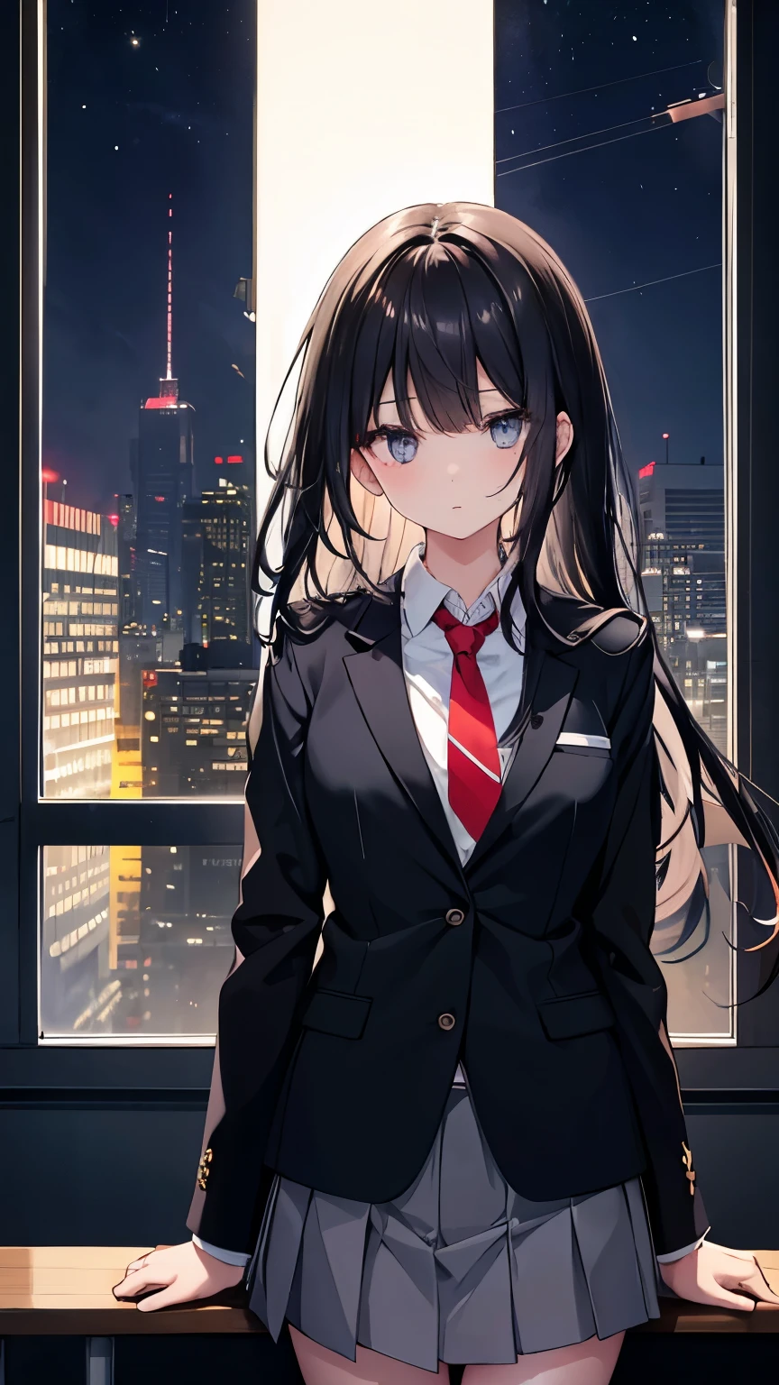 ,girl,Best image quality,,Black Hair,,Grey Eyes,,White skin,Long Hair,Straight Hair,classroom,Moonlit Night,,tie,Y-shirt,Pleated skirt,blazer,slender,,,