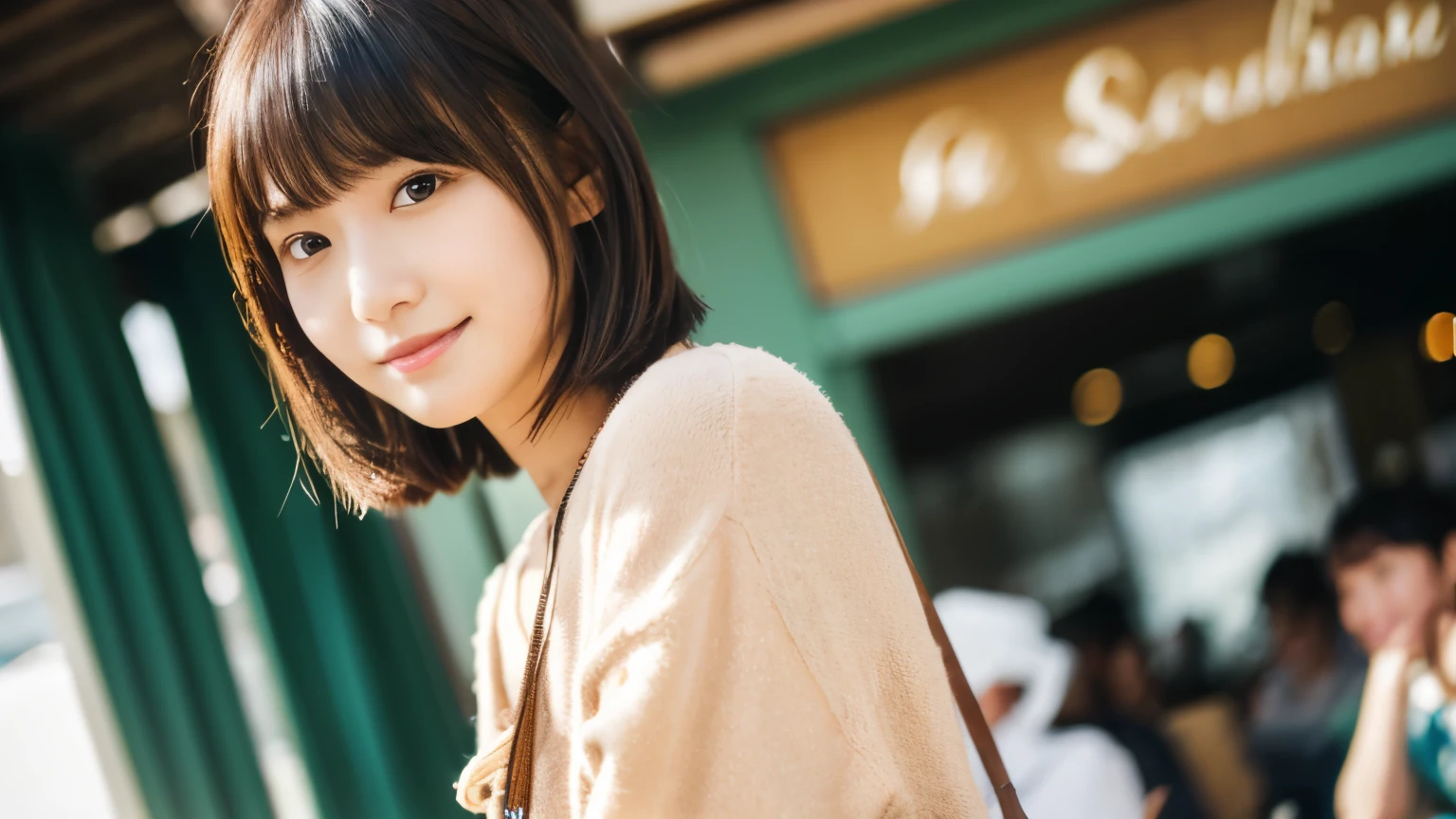 super high quality, Short Hair, Slender, Gravure photoshoot, The staff is working at the counter in the back., (8k、RAW Photos、highest quality、masterpiece:1.2), Japanese Idol, Shaggy, Sportswear, Stylish café, (Realistic、Photorealistic:1.37), Mesh Hair, Normal chest, Urban Cafe, Golden Ratio, Raw photo, Cute face , Light Brown Hair, Bright cafe interior, Blurred Background, Spring Clothes, A sweet expression, Watching the audience, Beautiful hairstyle, 20-year-old, Hair blowing in the wind, Neat clothes,