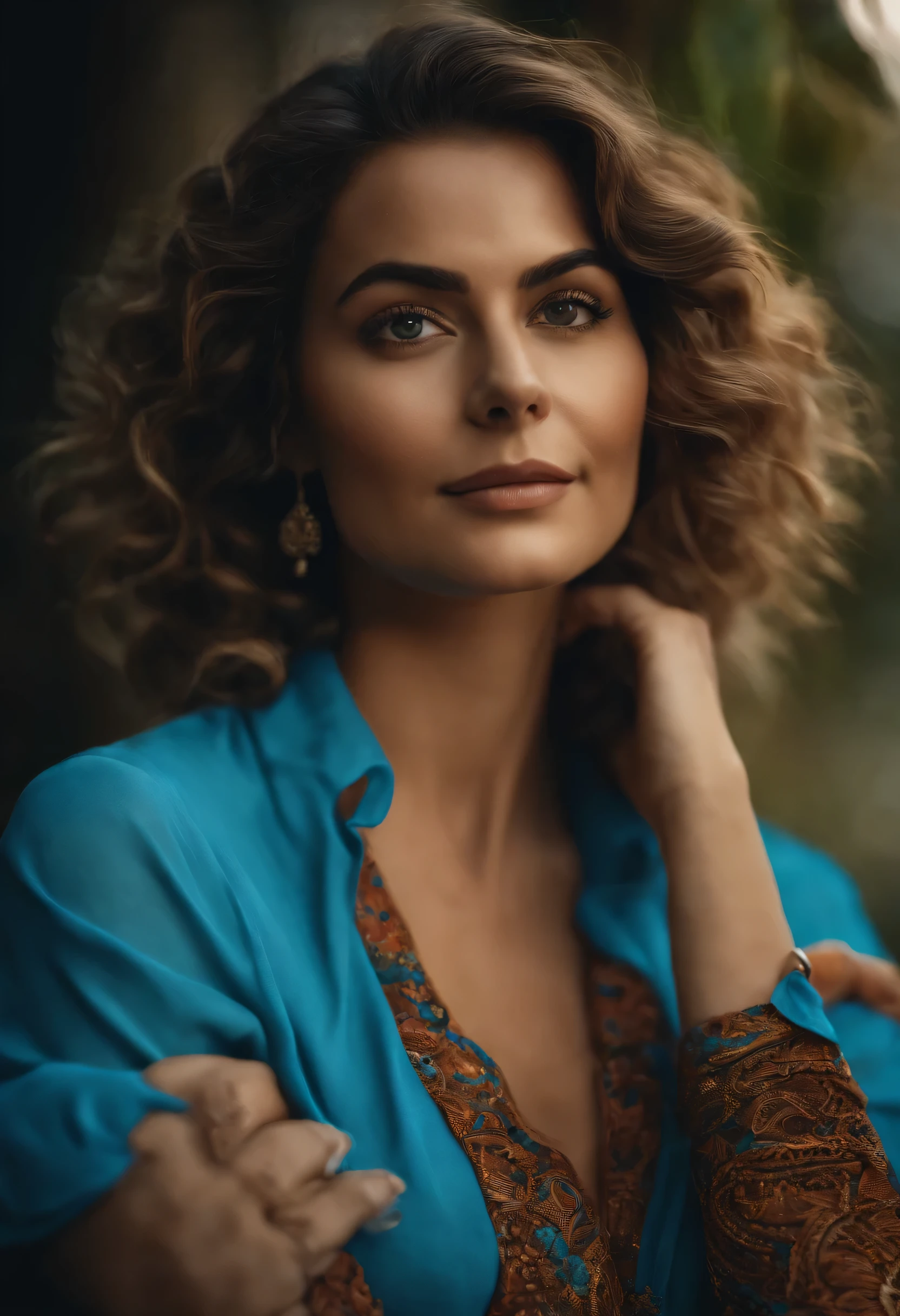 Mulher sorrido, de blusa azul, with arms crossed, cabelos castanhos, olhos castanhos, numa clinica de fisioterapia