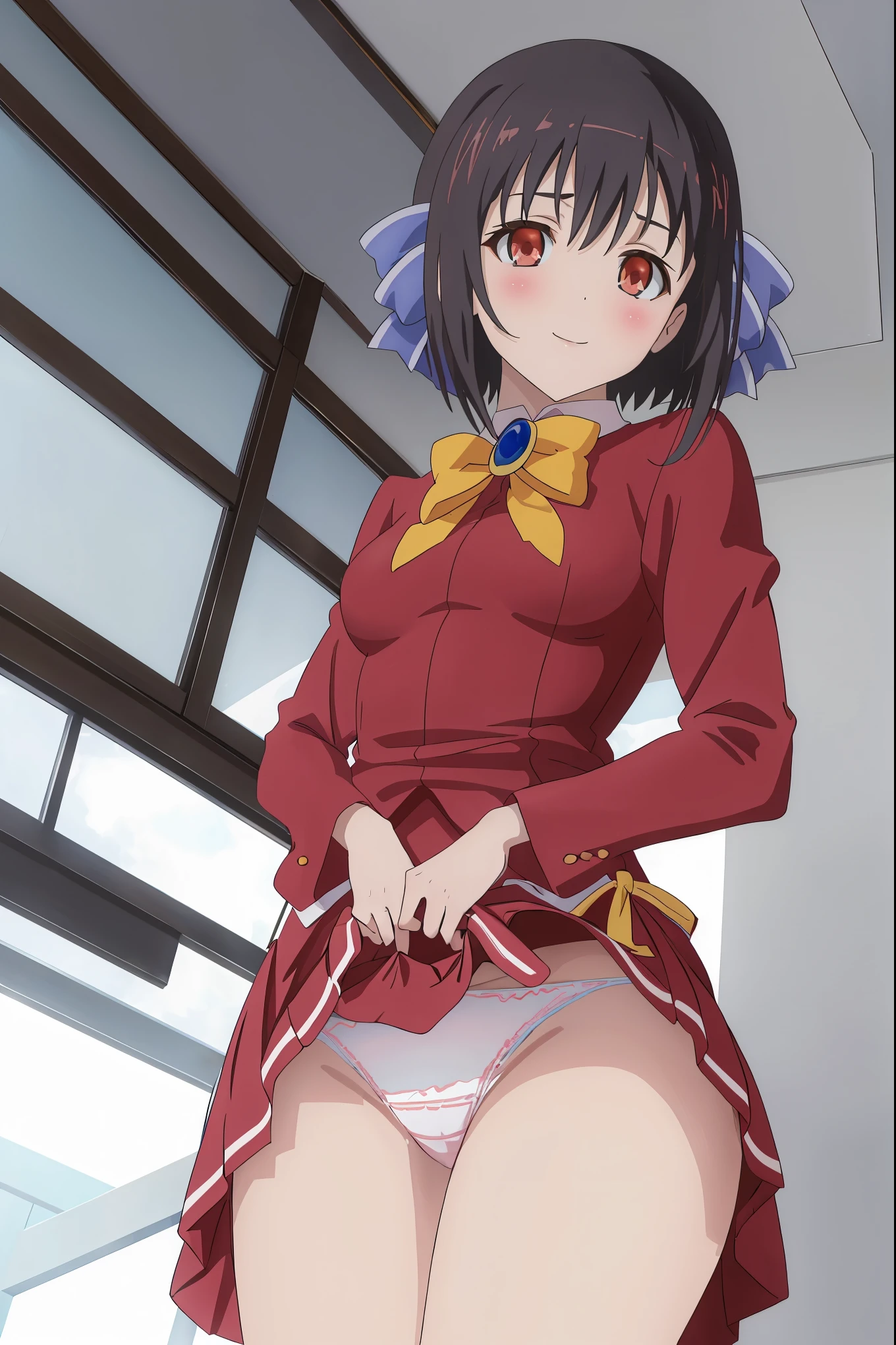 NSFW,1girl in,Sitting,From below,Looking at Viewer,Tomomi_Xijing, bow ribbon, Short hair, ,red ,Winter clothes,Long sleeves,Long skirt,Panties,Perfect Lighting,1girl in,, up skirt,Best Quality,Skirt lift,,Smile,blush,anime screen cap,Flat color,cel shading,(tucking up the skirt),Panties,short torso,Show panties,pantyshot,up skirt,