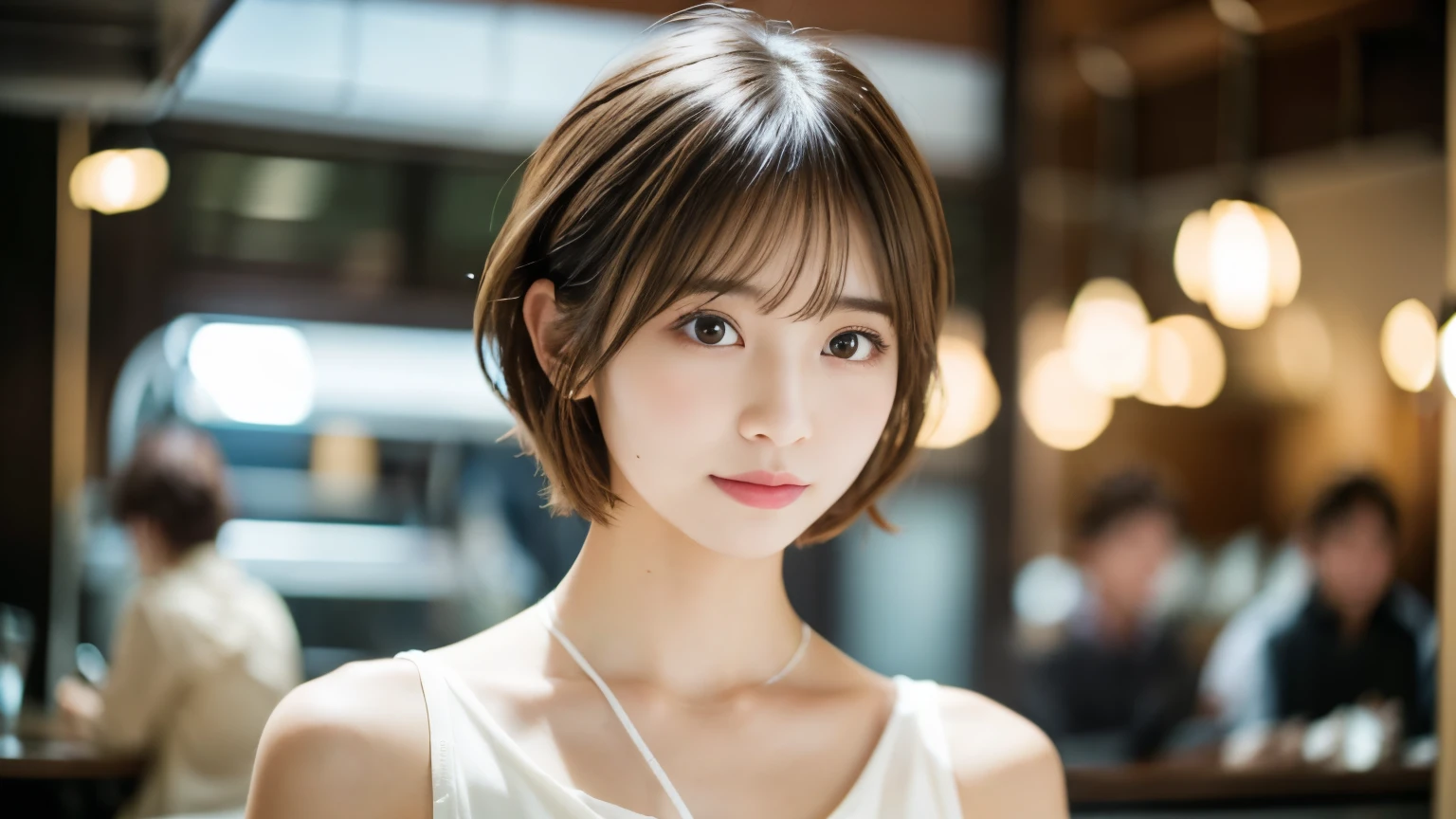 super high quality, Short Hair, Slender, Gravure photoshoot, The staff is working at the counter in the back., (8k、RAW Photos、highest quality、masterpiece:1.2), Japanese Idol, Shaggy, Sportswear, Stylish café, (Realistic、Photorealistic:1.37), Mesh Hair, Normal chest, Urban Cafe, Golden Ratio, Raw photo, Cute face , Light Brown Hair, Bright cafe interior, Blurred Background, Spring Clothes, A sweet expression, Watching the audience, Beautiful hairstyle, 20-year-old, Hair blowing in the wind, Neat clothes,