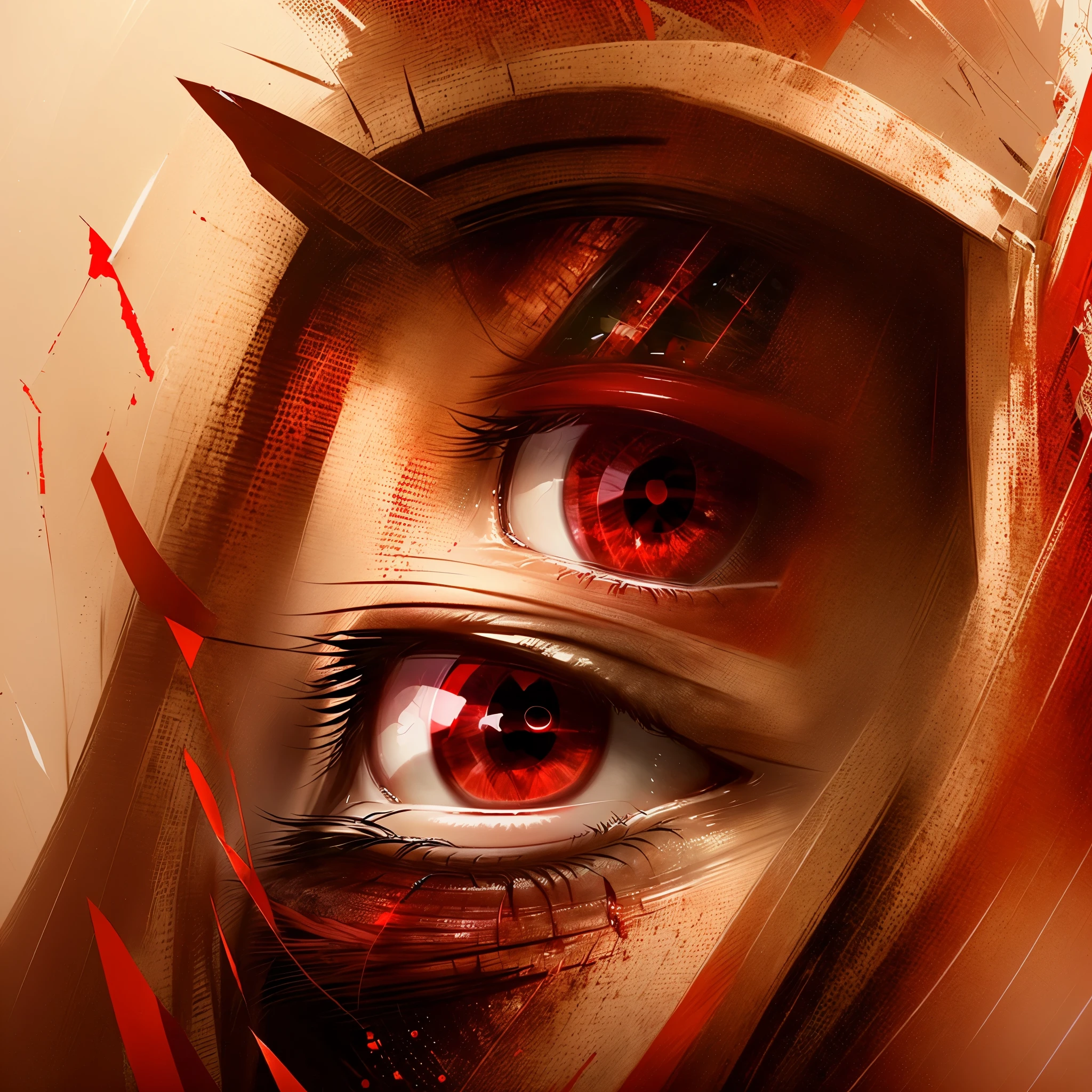 there is a close up of a person's eye with a red background, his eyes glowing red