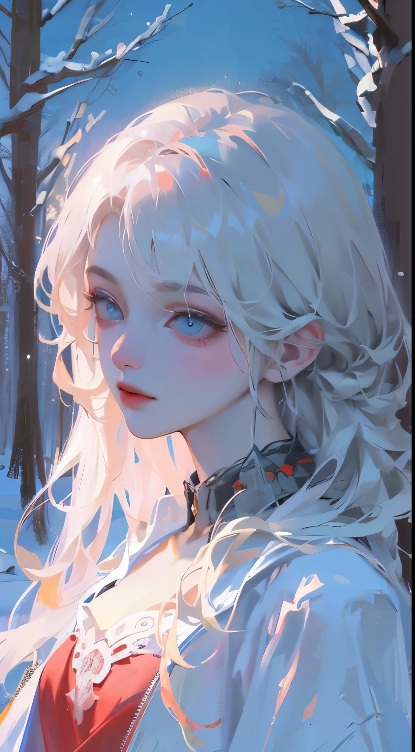 portrait, high quality, Ukrainian girl fairy winter snow In the woods through the trees About 10 yea eyes, Smooth skin, ((best quality, 8k, masterpiece :1.3)), 1 Girl, pretty girl , Casual wear :1.2, In the woods, Ultra-fine face, Delicate eyes, double eyelids
