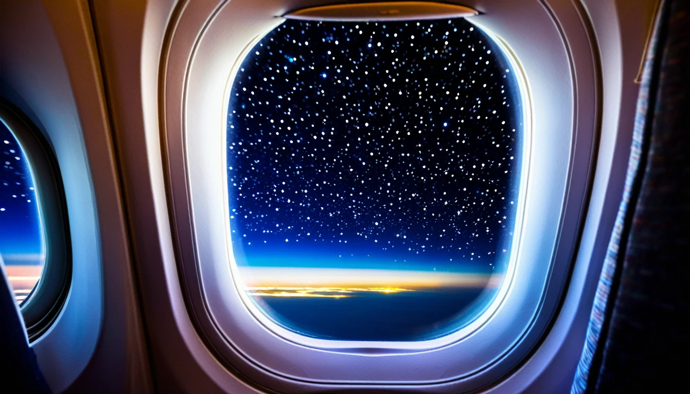 The starry sky is visible from the window of the passenger plane.