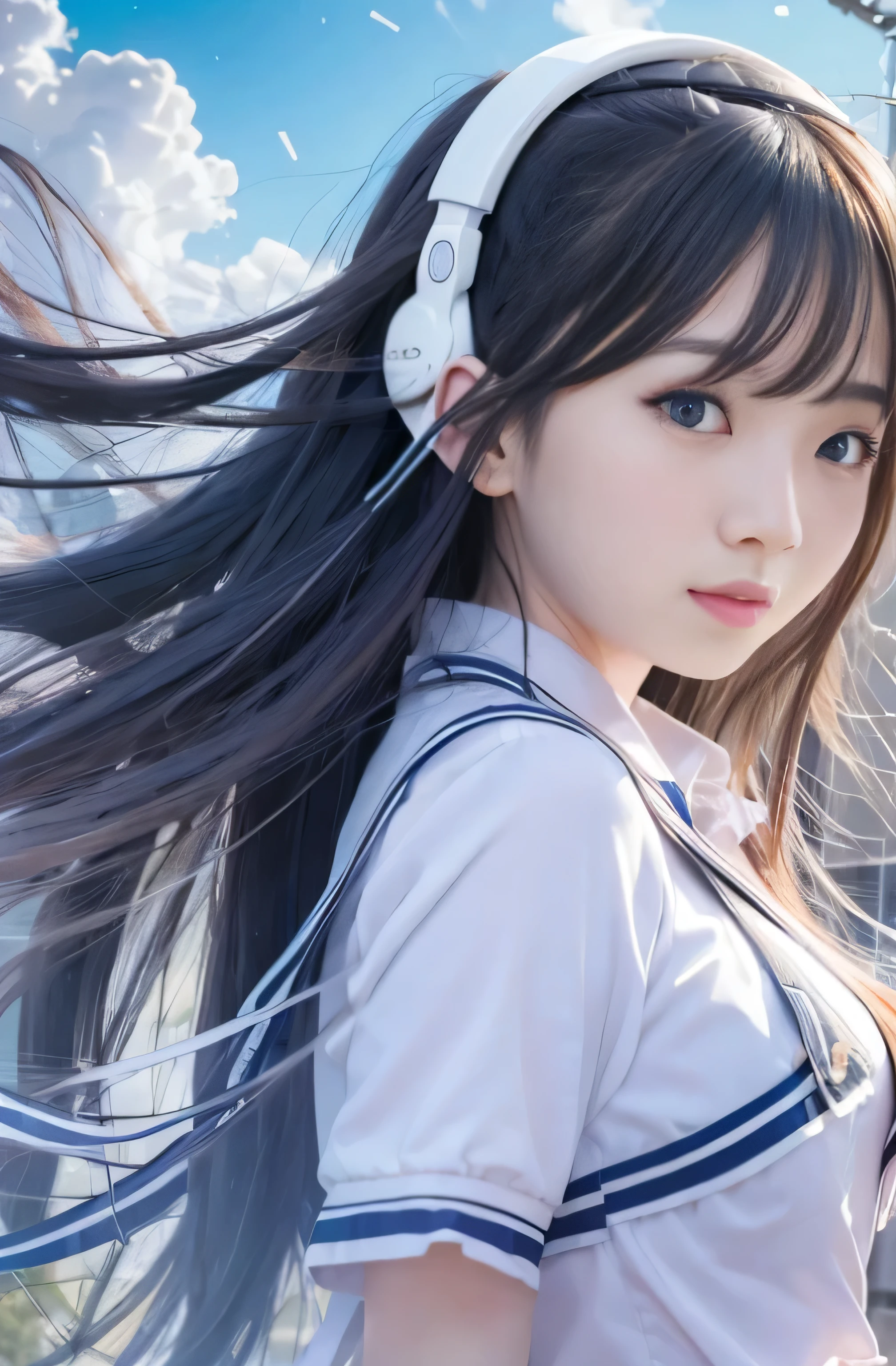 ((RAW Image Quality:1.4)), Girl with long hair and blue eyes in front of a colorful background, uniform, White thin blouse, Big Breasts, Hair blowing in the wind, Cute girl visuals, Moe art style, Smooth art photography, Hololive, Visual novel, Beautiful school girl, headphone, Splash Art , hanayamata, Portraiture, Cute and realistic portrait, everyone, Official artwork