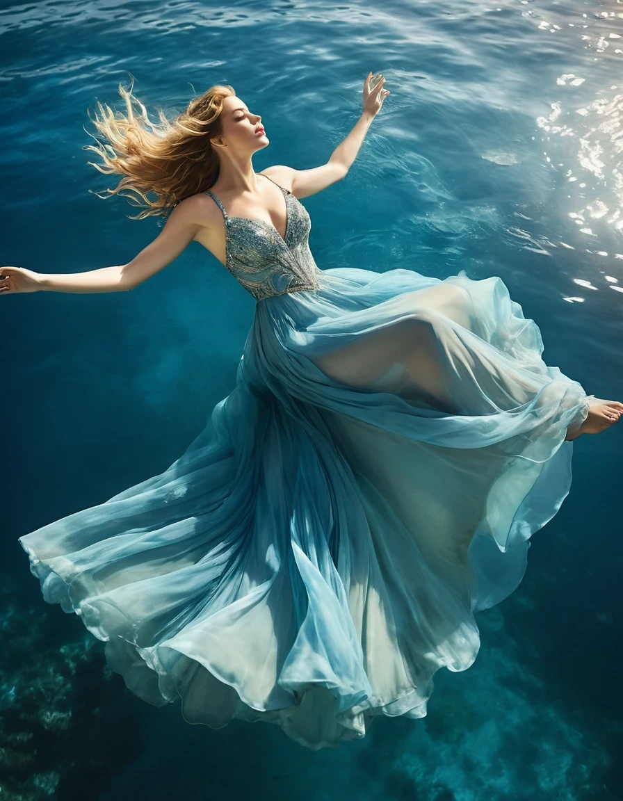 On sunny days, (a charming woman wearing a full evening gown floating in the blue seawater), high angle shots, Shaw's style, Zena Holloway's style