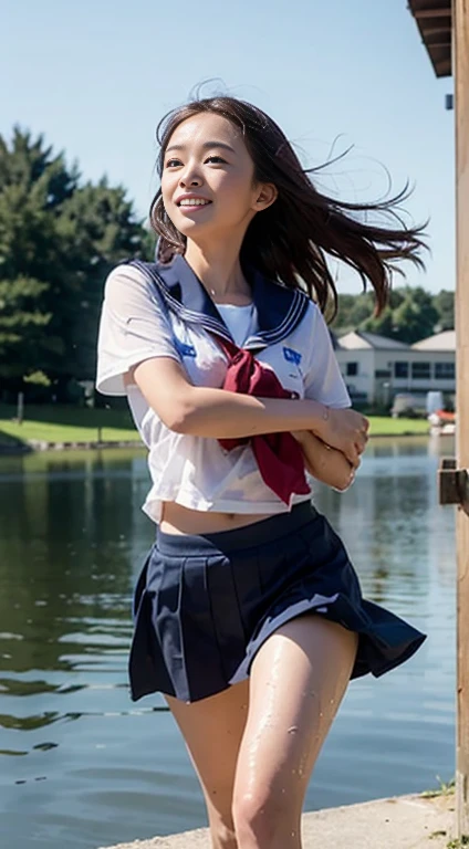 1girl in , 12 old, Happy smile, Blue eyes, masutepiece, Best Quality, Detailed, , Girly running,(((The whole body is drenched in white liquid)))、
a junior high school student, Sailor , , out, On the way to school, (slender:1),
japanse, small brest, Vulgarity, The wind is blowing, Sky blue seaside、(((I'm deep kissing my uncle))),Hugging an old man