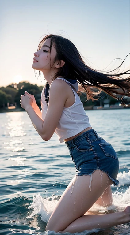 1girl in , , Happy smile, Blue eyes, masutepiece, Best Quality, Detailed, , Girly running,(((The whole body is drenched in white liquid)))、
a junioror , , out, On the way to school, (slender:1),
japanse, small brest, Vulgarity, The wind is blowing, Sky blue seaside、(((I'm deep kissing my uncle))),Hugging an old man
