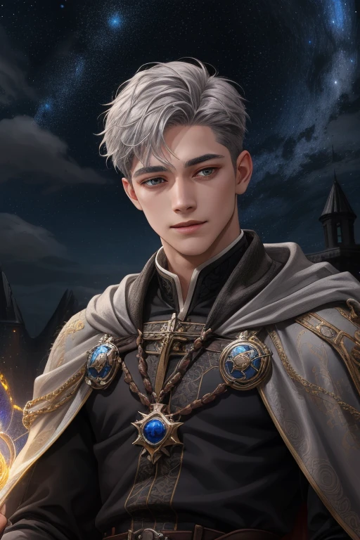 (Absurdres, Intricate Details, Masterpiece, Best Quality, High Resolution, 8k), 1 male, masculine, young, aged up, dreadful, finely detailed eyes and face, gray short back and sides hair, black eyes, portrait, looking at viewer, solo, (full body:0.6), detailed background, (RootsBranchesAI theme:1.1) glowing eyes, gentle smile, high fantasy, cleric, casting healing spell, hovering in air, night sky, color cape, gloves, magic sphere, divine spell, mana, night sky, star and night sky background, tiara of light hovering above head, , Depth of Field, VFX.