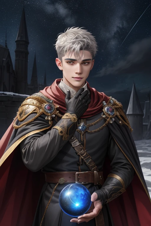 (Absurdres, Intricate Details, Masterpiece, Best Quality, High Resolution, 8k), 1 male, masculine, young, aged up, dreadful, finely detailed eyes and face, gray short back and sides hair, black eyes,  portrait,  looking at viewer, solo, (full body:0.6), detailed background, (RootsBranchesAI theme:1.1) glowing eyes, gentle smile,   high fantasy, cleric, casting healing spell,  hovering in air, night sky,  color cape, gloves, magic sphere, divine spell, mana, night sky, star and night sky background,  tiara of light hovering above head, , Depth of Field, VFX.