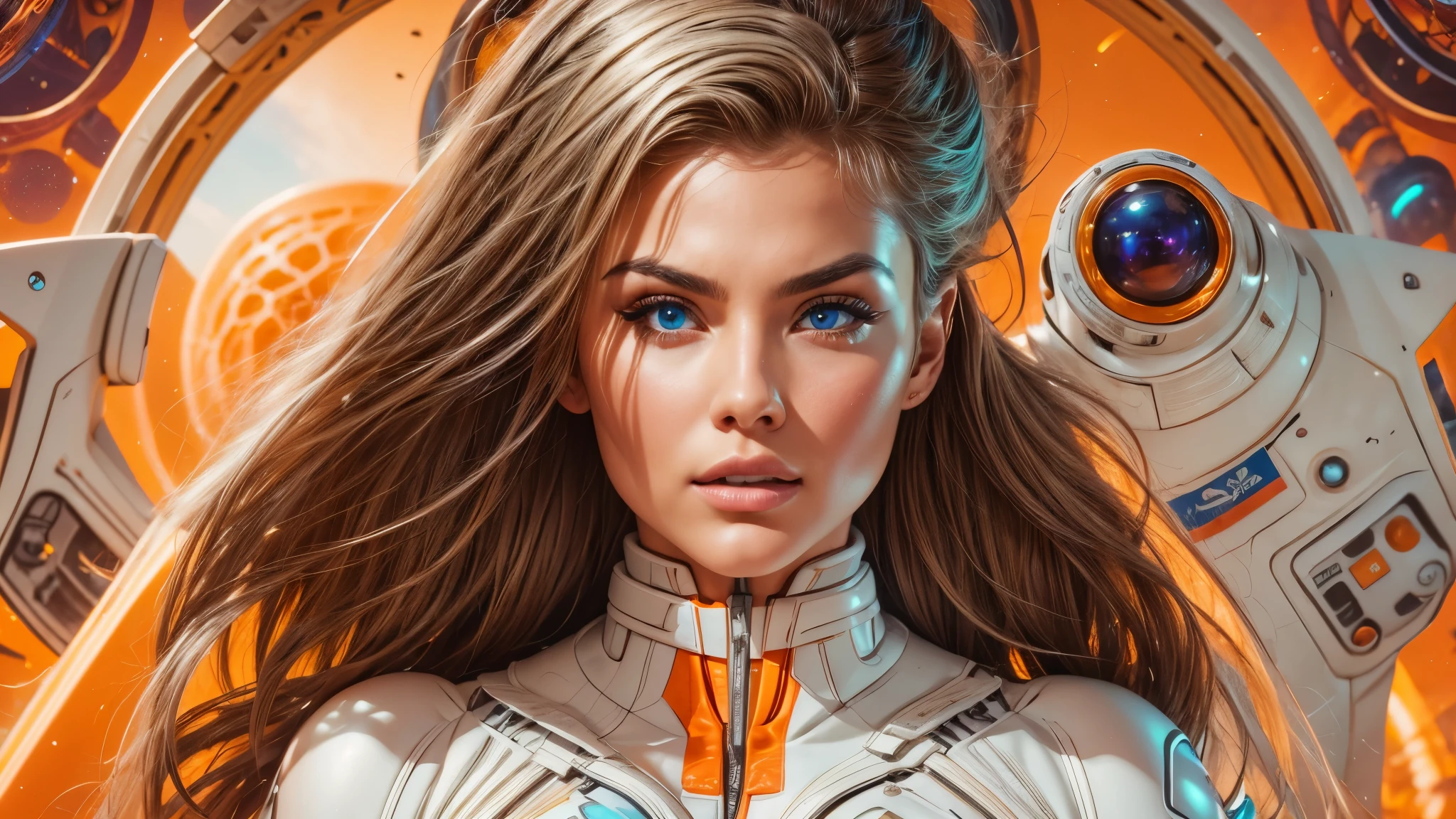 arafed image of a white woman in a futuristic suit with a spaceship in the background, movie art, in front of an orange background, inspired by Robert McGinnis, female protagonist, megastructure in the background, portrait of an ai astronaut, astronauts, an astronaut, portrait of a astronaut skeletor, perfect android girl, detailed eyes, perfectly detailed teeth, frank franzzeta and sakimichan  