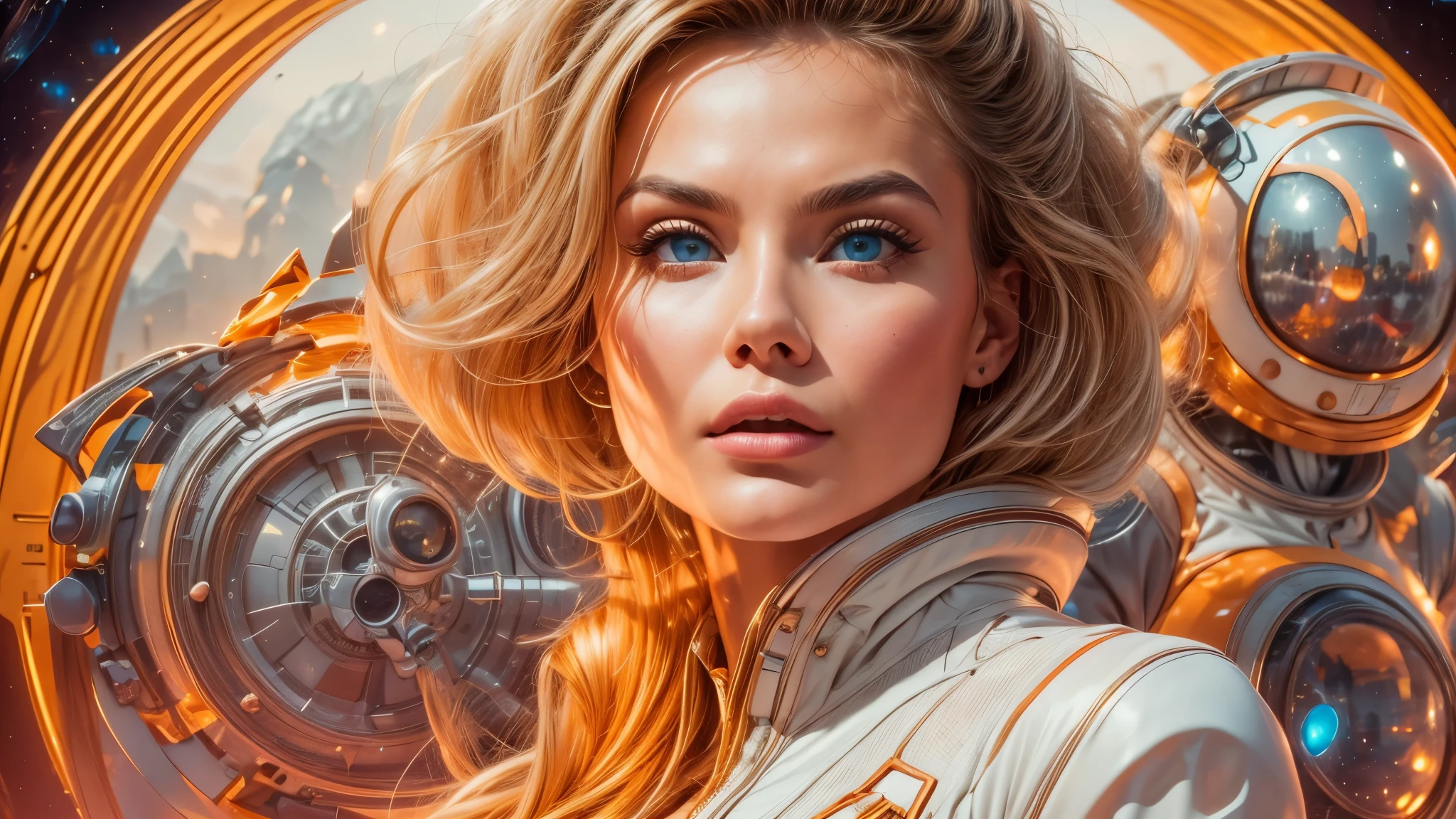 arafed image of a white woman in a futuristic suit with a spaceship in the background, movie art, in front of an orange background, inspired by Robert McGinnis, female protagonist, megastructure in the background, portrait of an ai astronaut, astronauts, an astronaut, portrait of a astronaut skeletor, perfect android girl, detailed eyes, perfectly detailed teeth, frank franzzeta and sakimichan  