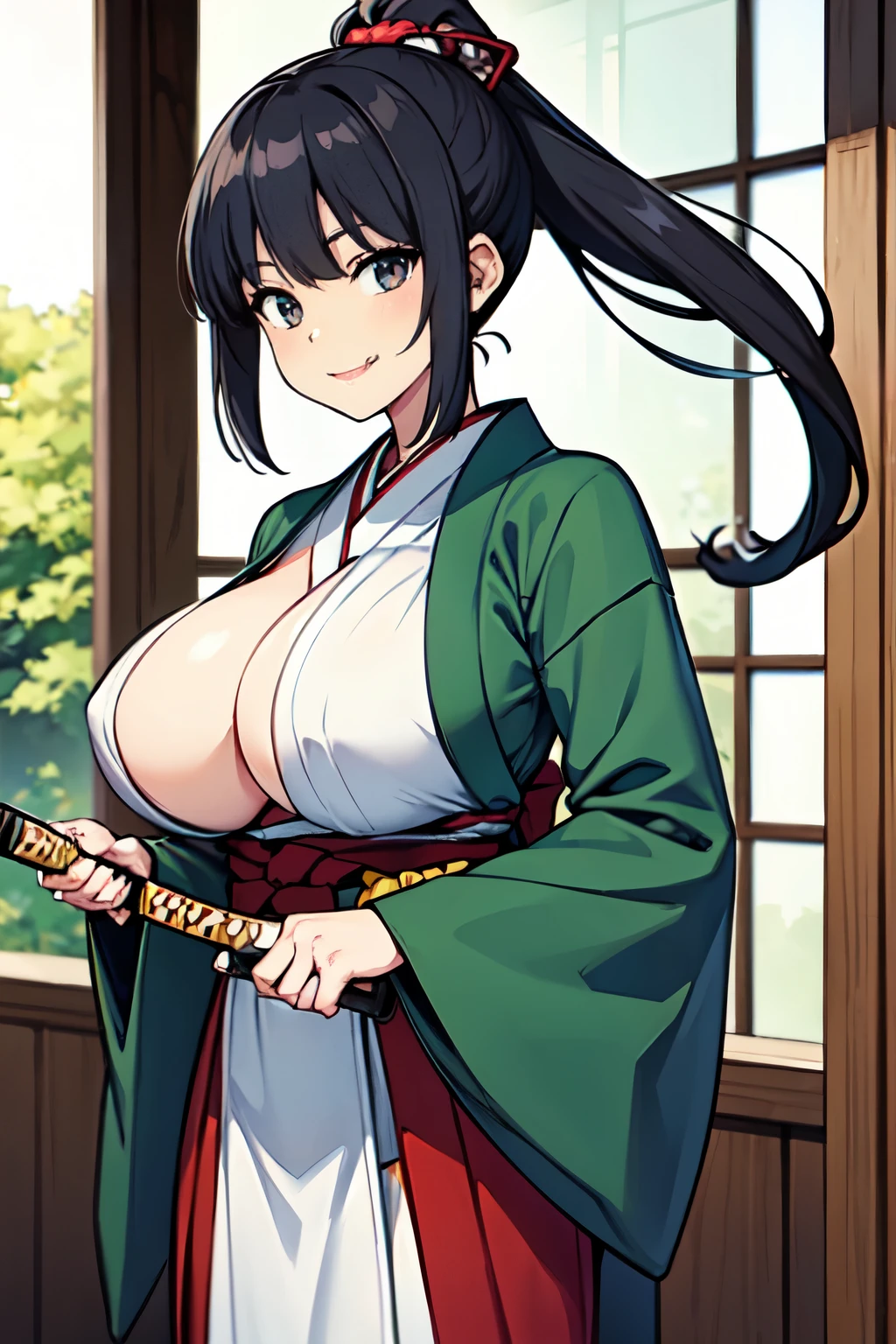 Black Hair,ponytail,Japanese sword,kimono,Knitting hat,Big Tits,Hakama,clothed,japanese clothe,abs,,,,,