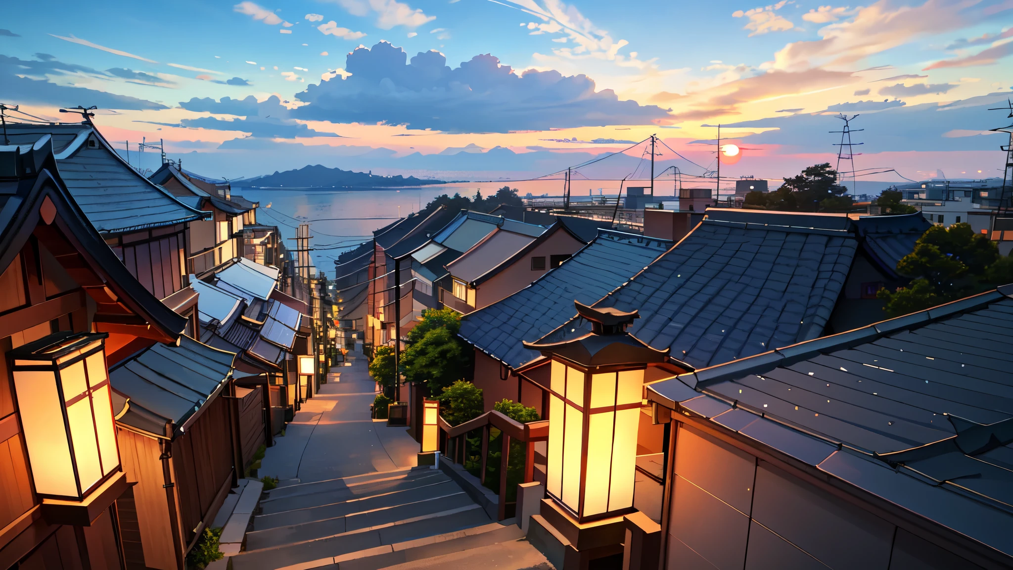 Cool colors, sunset, (figure: 1.0) , HD detailed, masterpiece, highest quality, (Highly detailed CG Unity 8k wallpaper), Japan, Residential area on a small hill, overlooking city buildings, harbor in the distance, without character