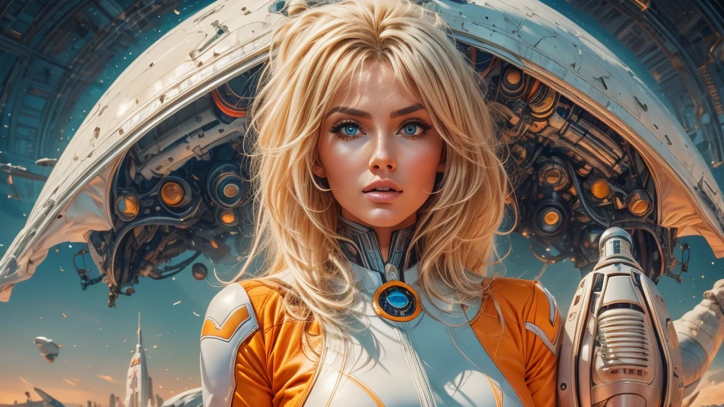 arafed image of a white woman in a futuristic suit with a spaceship in the background, movie art, in front of an orange background, inspired by Robert McGinnis, female protagonist, megastructure in the background, portrait of an ai astronaut, astronauts, an astronaut, portrait of a astronaut skeletor, perfect android girl, detailed eyes, perfectly detailed teeth, frank franzzeta and sakimichan