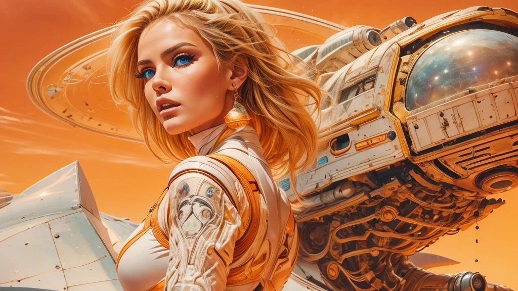 arafed image of a white woman in a futuristic suit with a spaceship in the background, movie art, in front of an orange background, inspired by Robert McGinnis, female protagonist, megastructure in the background, portrait of an ai astronaut, astronauts, an astronaut, portrait of a astronaut skeletor, perfect android girl, detailed eyes, perfectly detailed teeth, frank franzzeta and sakimichan