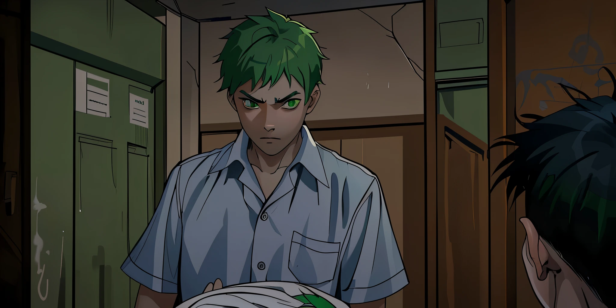 There is a 16-year-old boy with green hair, green eyes, intimidated with fear, he speaks nervously with his gaze downcast, he looks at the floor with sadness and fear.