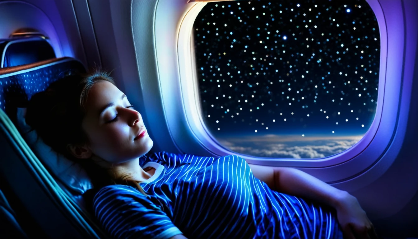 Beautiful girl sleeping,The starry sky is visible from the window of the passenger plane.,