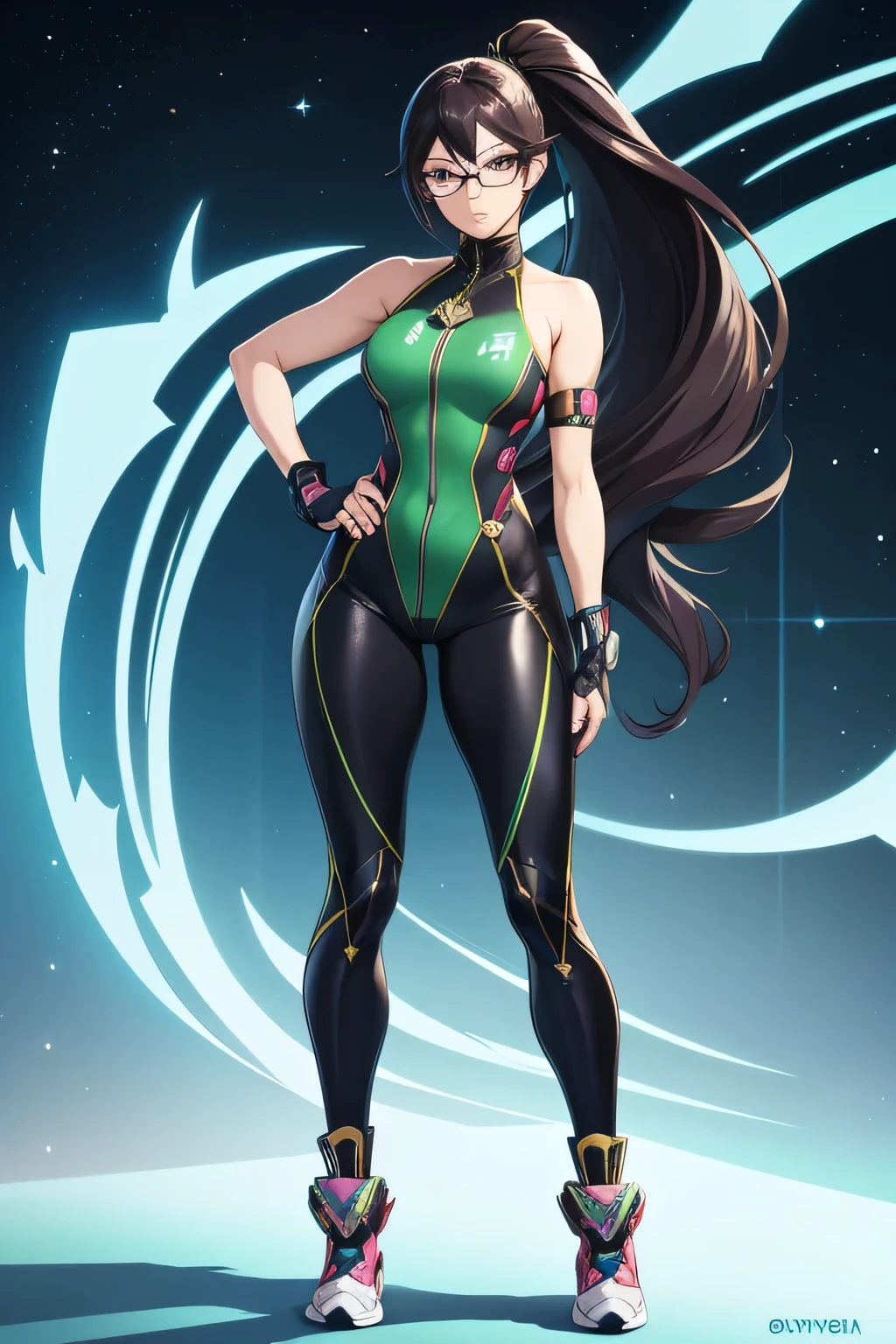 anime girl, EVE STELLAR BLADE GAME, bayonetta hair style, DETAILED IMAGE, full body, sexy pose, gym green clothing