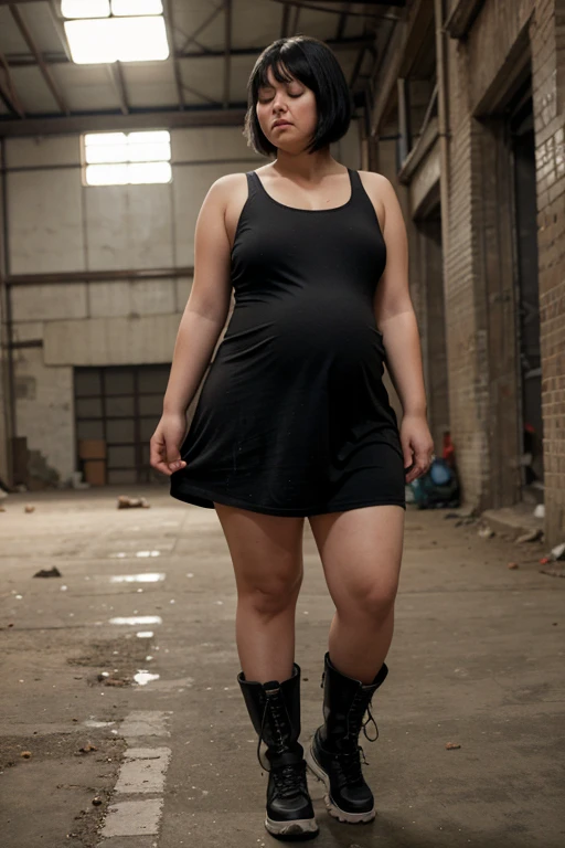 overweight Chubby girl, black shoulder haircut, short neck, full body, pregnant, black hair, sporty dress, standing sideways, inside dirty warehouse, short legs, boots, closed eyes, chubby finger, surreal, intricate details, high resolution
