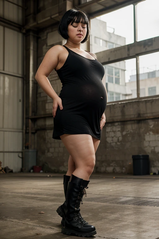 overweight Chubby girl, black shoulder haircut, short neck, full body, pregnant, black hair, sporty dress, standing sideways, inside dirty warehouse, short legs, boots, closed eyes, chubby finger, surreal, intricate details, high resolution