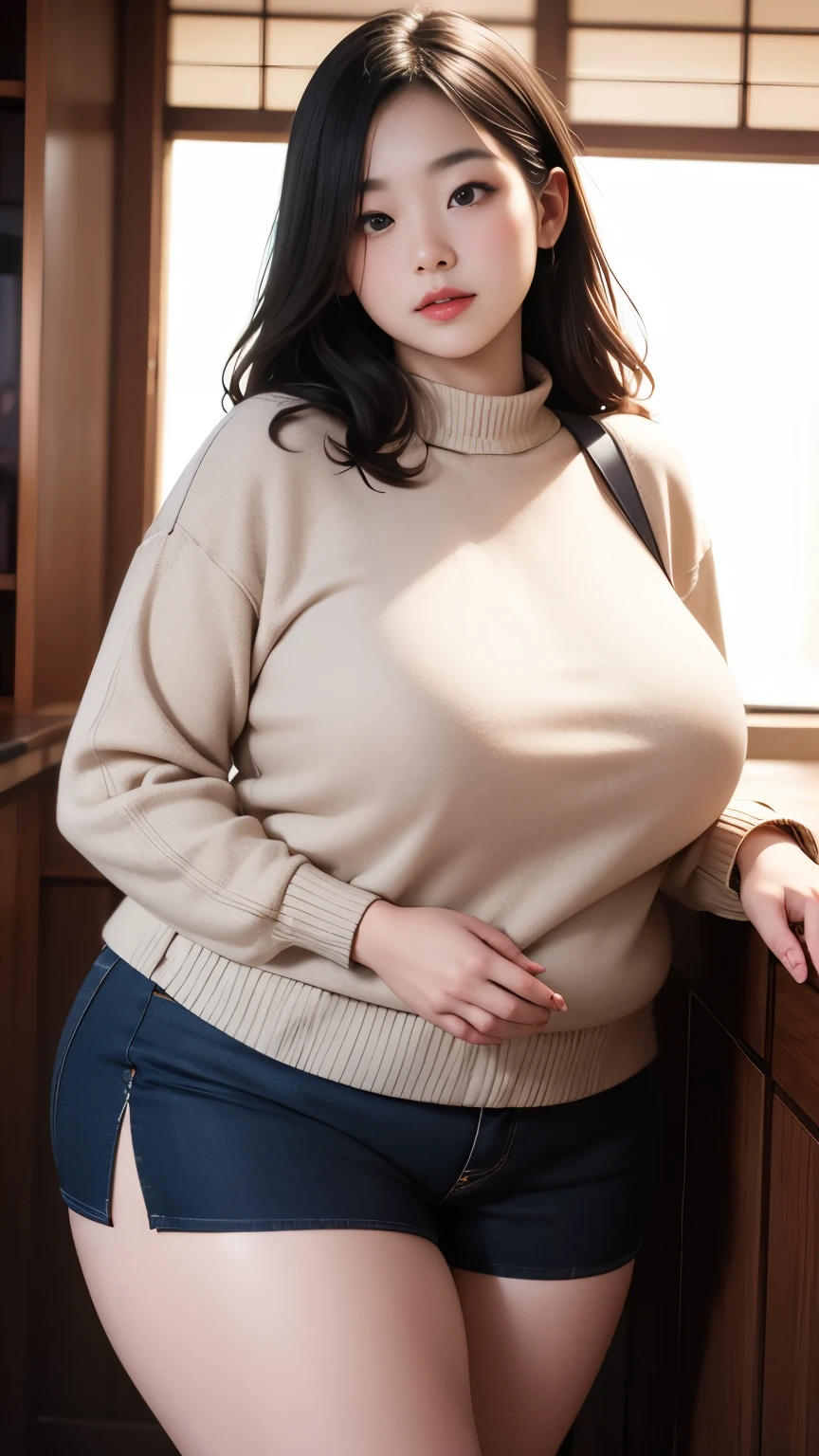 (Best quality,8k,ultra high res:1.2),(Pretty Japanese girl),(Huge breasts:0.8),(sweater), (thick thighs:0.9), (obese body)