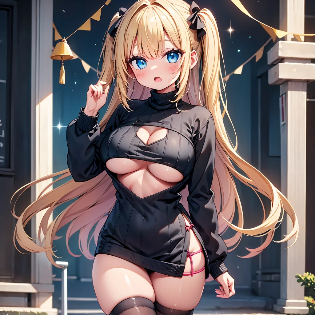 (cute eyes:1.2), (sparkling eyes:1.2), highest quality,wonderful,finely,extremely detailed CG Unity 8K wallpaper, (girl, cute eyes, clothed), virgin killer sweater, (sweater dress:1.2), (ribbed sweater,sideboob,cleavage cutout, turtleneck sweater,(black sweater:1.4), (huge breasts),(Underboob:1.2), (open mouth:1.1), (long tongue:1.1), (mouth drool:1.1), (black stockings:1.1),(Thighs:1.2),(Waistline:1.2)