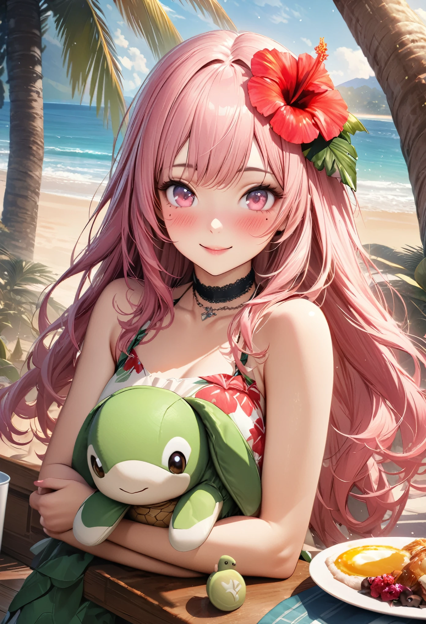 Masterpiece, Best Quality, Highly Detailed, High Definition, High Definition, High Definition, 4k, 8k, Unity 8K Wallpaper, Highly Detailed CG, Masterpiece, Realistic, Beautiful Details, Depth, Fine Texture, Best Quality: 1.3, Total concentration, perfect skin, boyfriend, very cute anime, cute like an idol, tall pink semi-long hair, one girl, Hawaiian dress, cute stuffed rabbit, stuffed sea turtle, palm tree, greeting, hibiscus hair decoration, smile, afternoon, coffeetime,long pink hair, whole body, mole under the eye, gaze, high, blush, lips parted, his art, pink eyes, choker