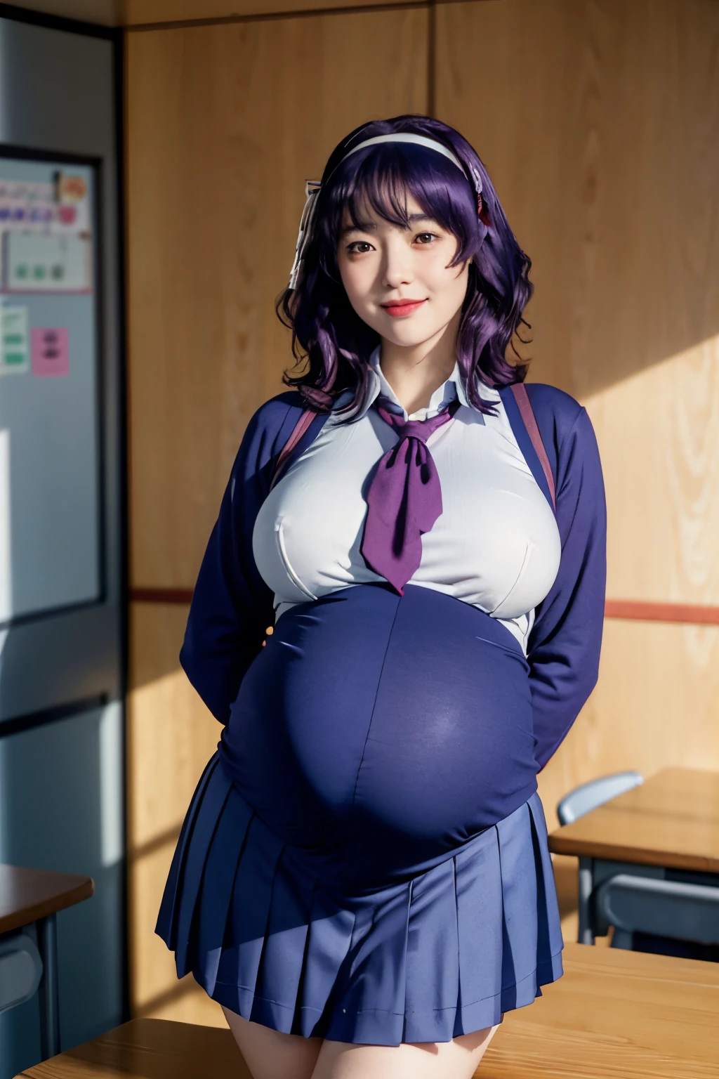 (best quality:1.1), (masterpiece:1.4), (absurdres:1.0), portrait,
1girl,yamanobe tomo, purple hair, red eyes, medium hair, huge breasts, ((huge pregnant)), (school uniform:1.3), blue skirt, hairband, looking at viewer, classroom, (blush:1.1),on d850 film stock photograph 4 kodak portra 400 camera f1.6 lens rich colors hyper realistic lifelike texture dramatic lighting unrealengine trending on artstation cinestill 800 tungsten, smile