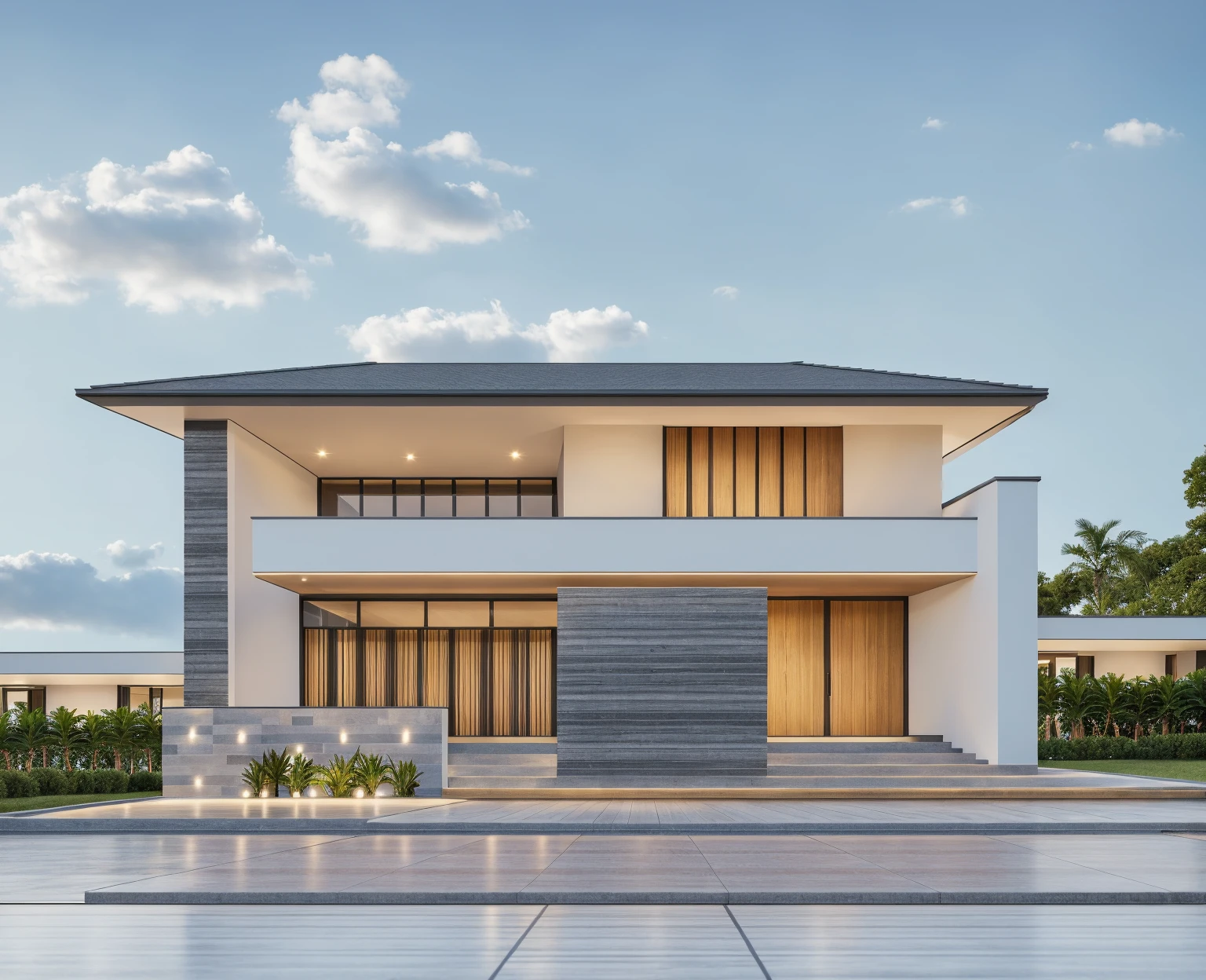PLATFORM KTHOUSE, 1 morden villa, main material of villa about white wall and wooden cladding, main material by white wall and stone:1.2, 1large yard, 1 road runs in front of the house, (RAW photo, real, best quality, masterpiece:1.2), look morden minimalist, 1 road in front of the house, dynamic lighting:1.3, (hyper realistic, photo-realistic:1.2), high quality, (dark lighting:1.2), perfect lighting, archdaily, no human