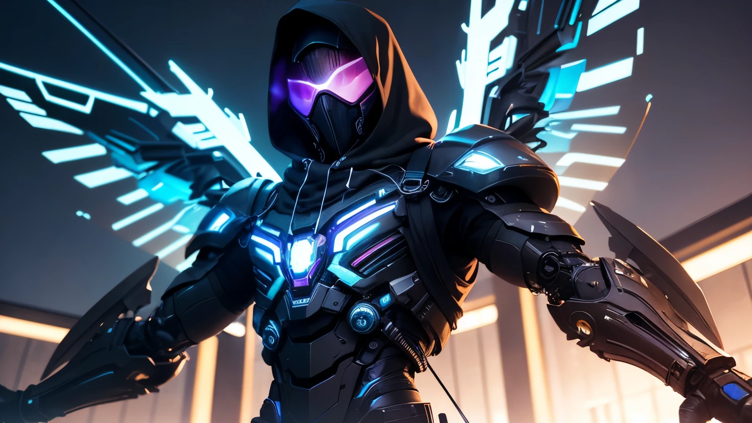 Adult man with mechanical scorpion exoskeleton and two cybernetic angel wings, ((DYNAMIC POSE)), neon lights, wears a scarf and hood that hides his face, holding a modern bow and arrows, looking at the viewer, view from below, good image quality, city environment at night