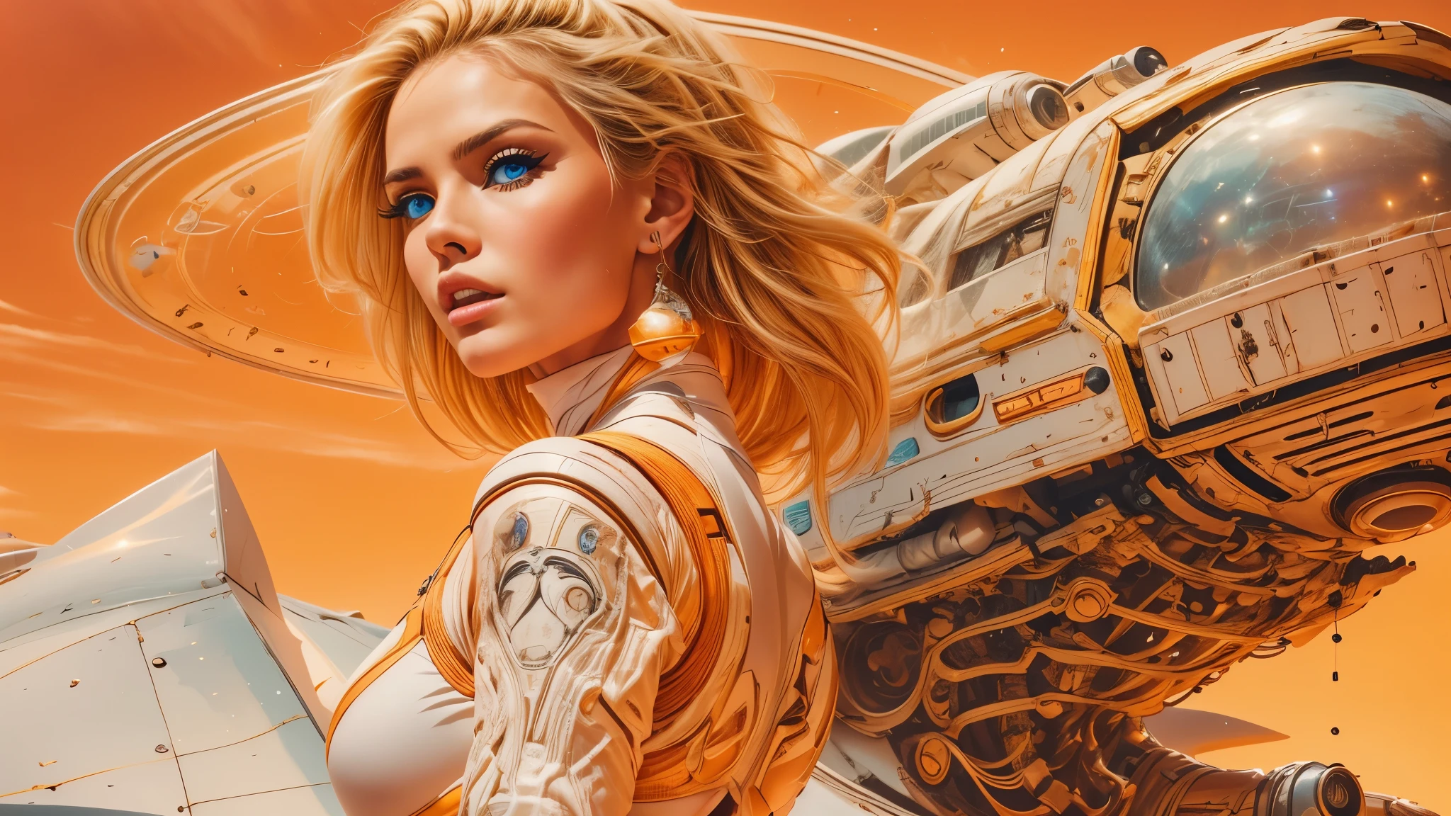 arafed image of a white woman in a futuristic suit with a spaceship in the background, movie art, in front of an orange background, inspired by Robert McGinnis, female protagonist, megastructure in the background, portrait of an ai astronaut, astronauts, an astronaut, portrait of a astronaut skeletor, perfect android girl, detailed eyes, perfectly detailed teeth, frank franzzeta and sakimichan  