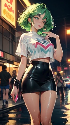 (((masterpiece,Highest quality:1.3))),cowboy shot,1woman,30 year old beauty,Investigator、独奏,((very small head:1.3)),green hair,(low ponytail),long hair,blunt bangs,green eyes,gorgeous eyes,shy,Heavy breathing、medium breasts,((very long body:1.2)),((toned body,slender body,skinny)),gleaming skin,shiny skin,((Black leather high leg bodysuit、Long sleeve,Micro Shorts)),barefoot、(Black leather combat boots)、Wet crotch、squatting,Dark back alley、Metropolis、cyber punk、World of Blade Runner、