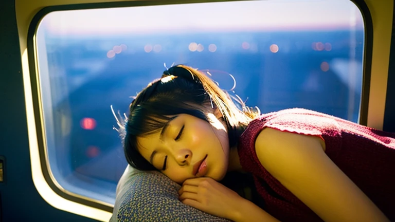 Beautiful Japanese girl sleeping,The starry sky is visible from the window of the passenger plane.,